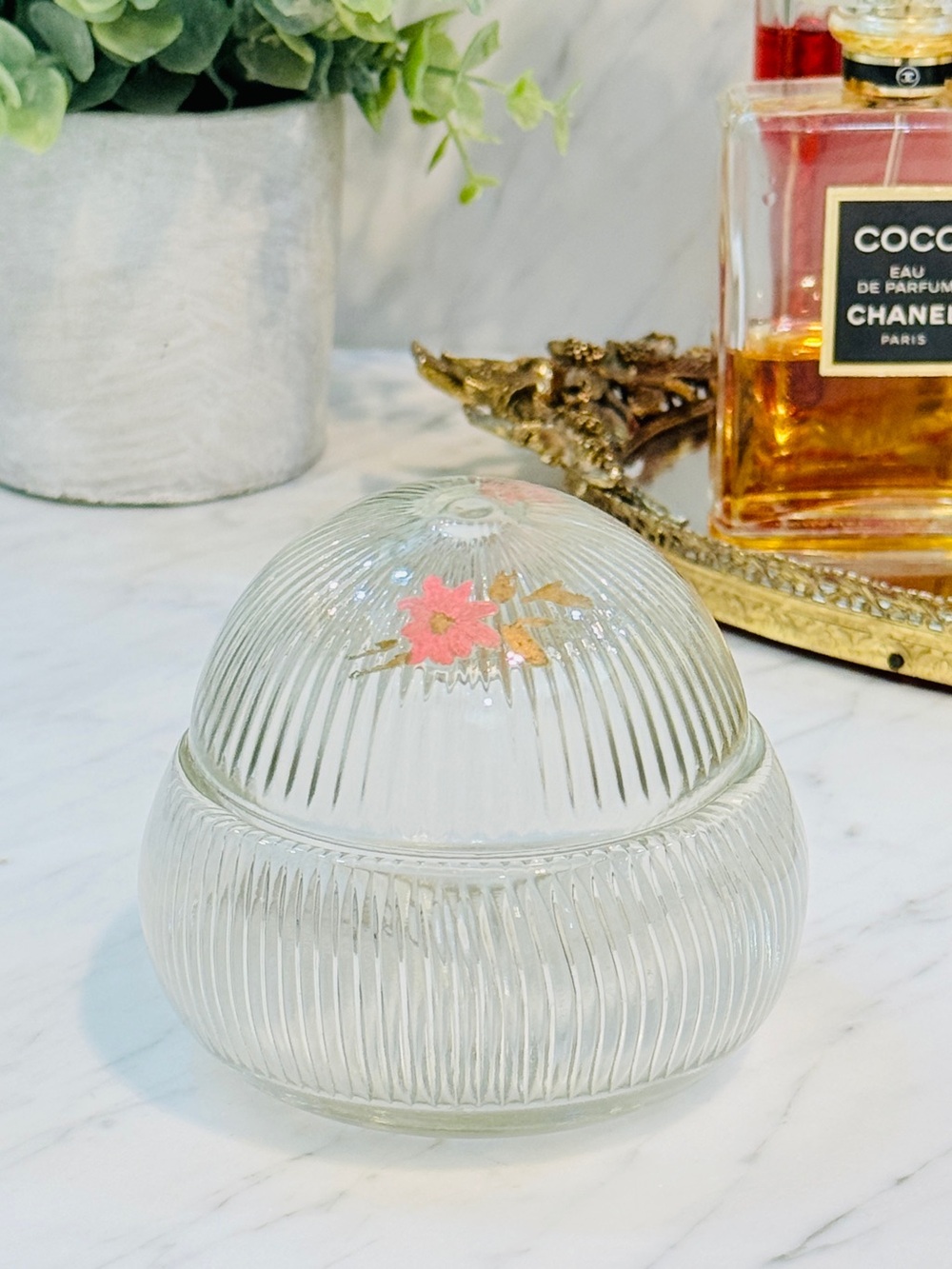 Vintage Hickok Glass Vanity Jar – Floral Dome Lid – Rare 1930s Find